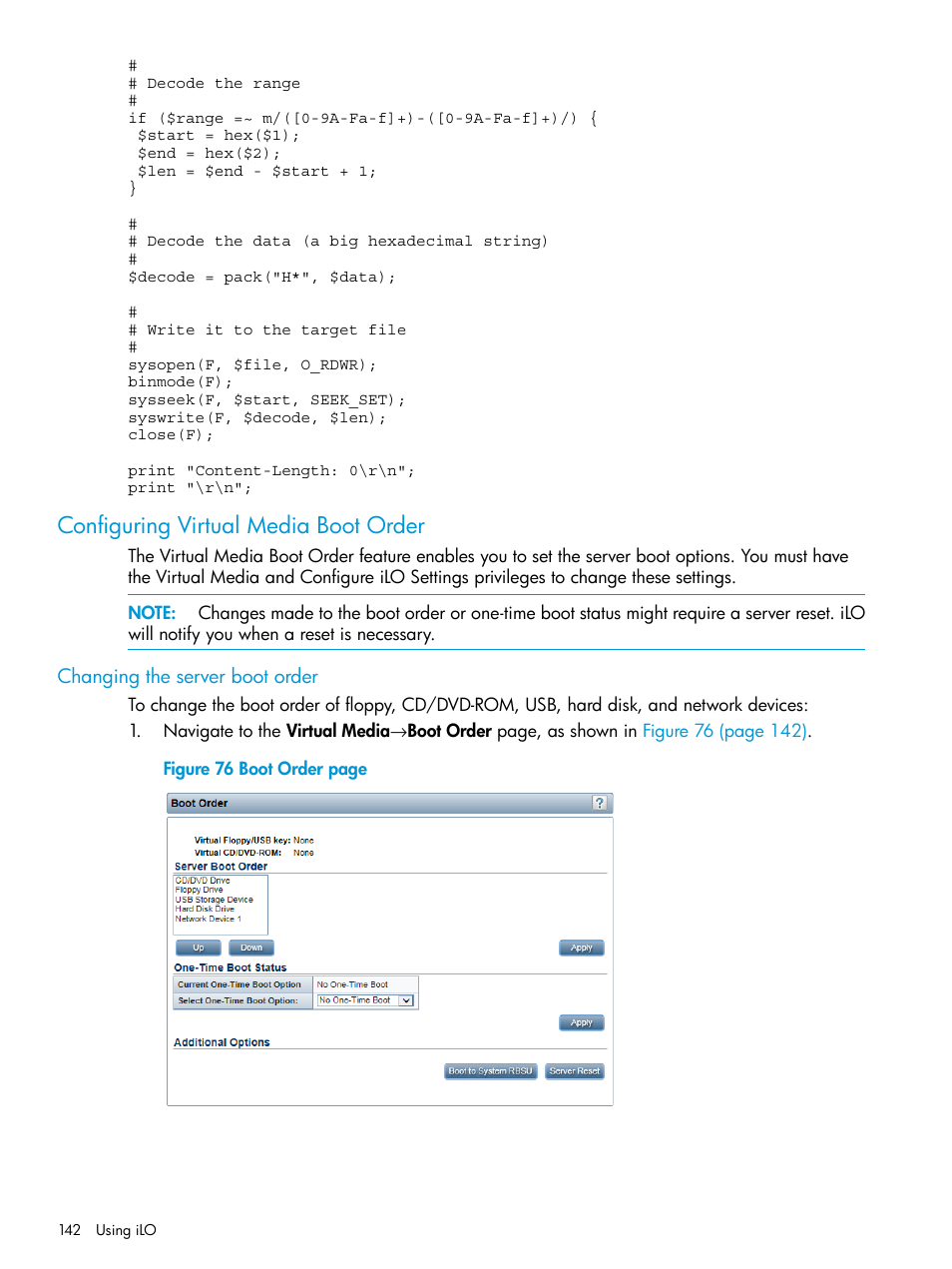 Configuring virtual media boot order, Changing the server boot order | HP Integrated Lights-Out 3 User Manual | Page 142 / 256