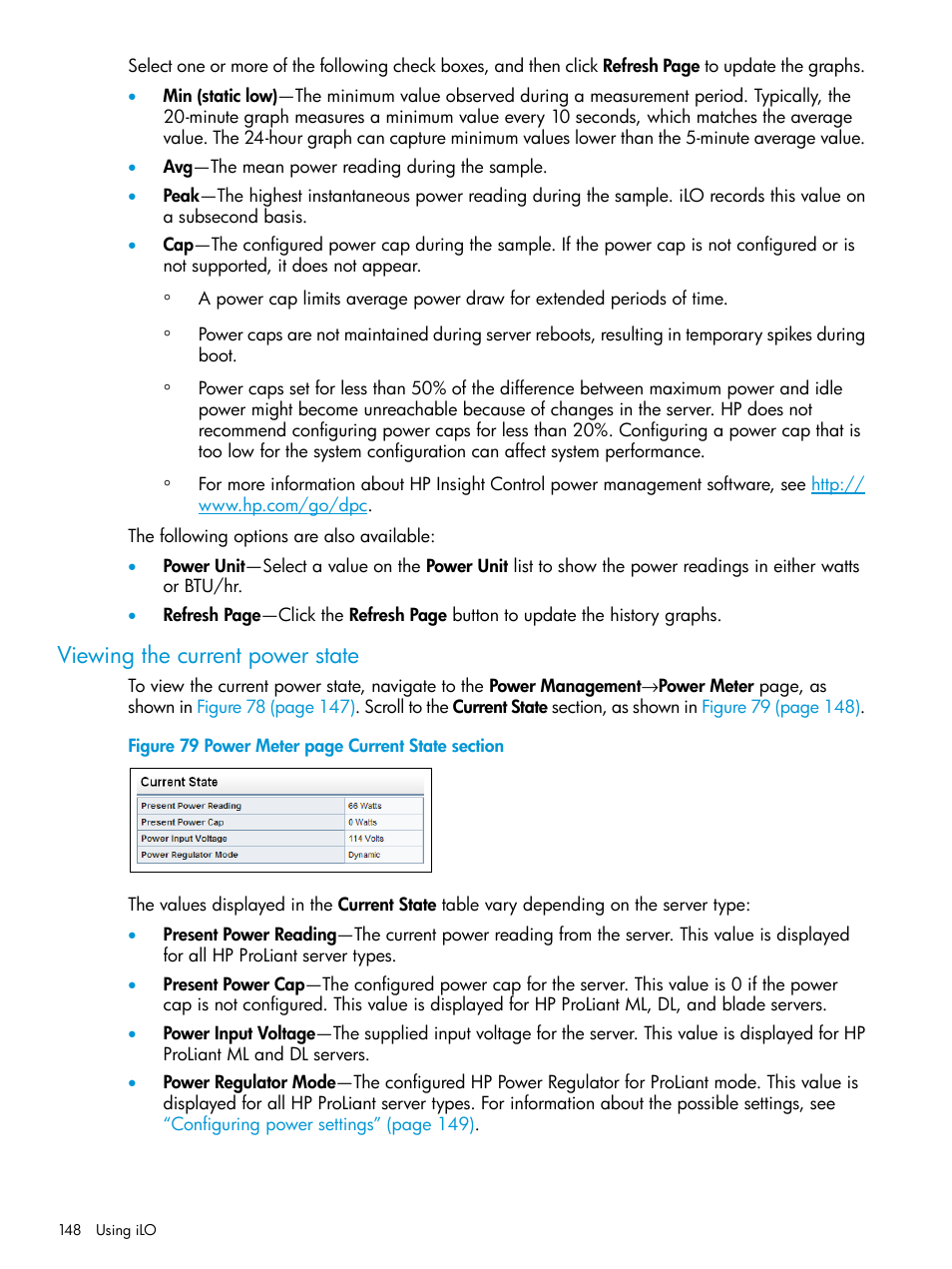 Viewing the current power state | HP Integrated Lights-Out 3 User Manual | Page 148 / 256