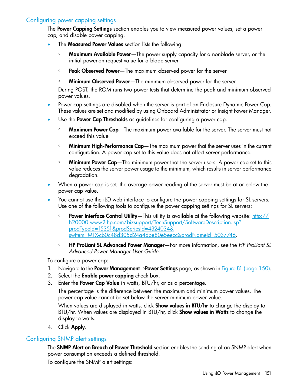 Configuring power capping settings, Configuring snmp alert settings | HP Integrated Lights-Out 3 User Manual | Page 151 / 256