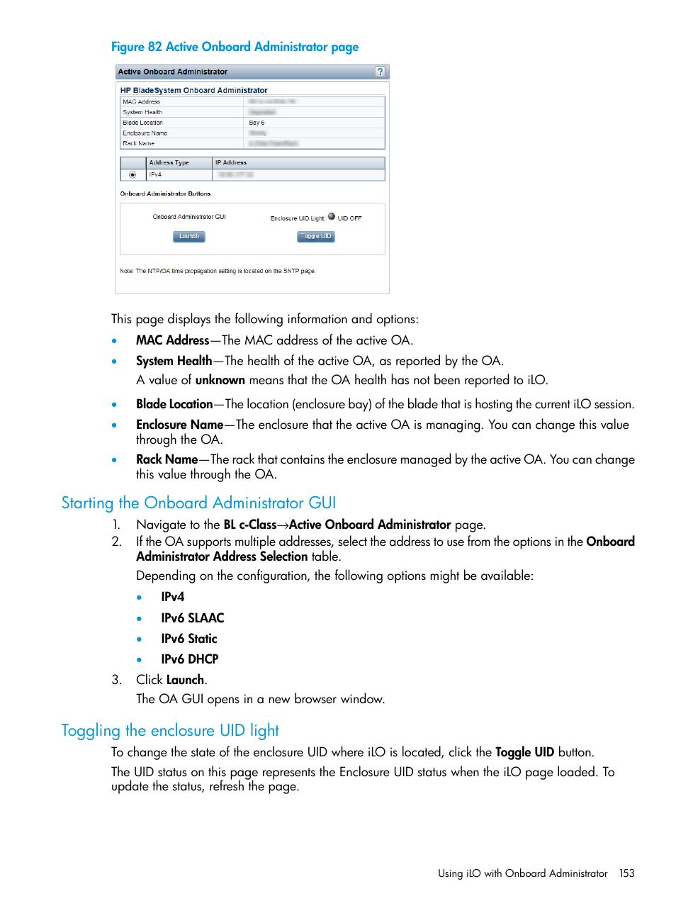 Starting the onboard administrator gui, Toggling the enclosure uid light | HP Integrated Lights-Out 3 User Manual | Page 153 / 256
