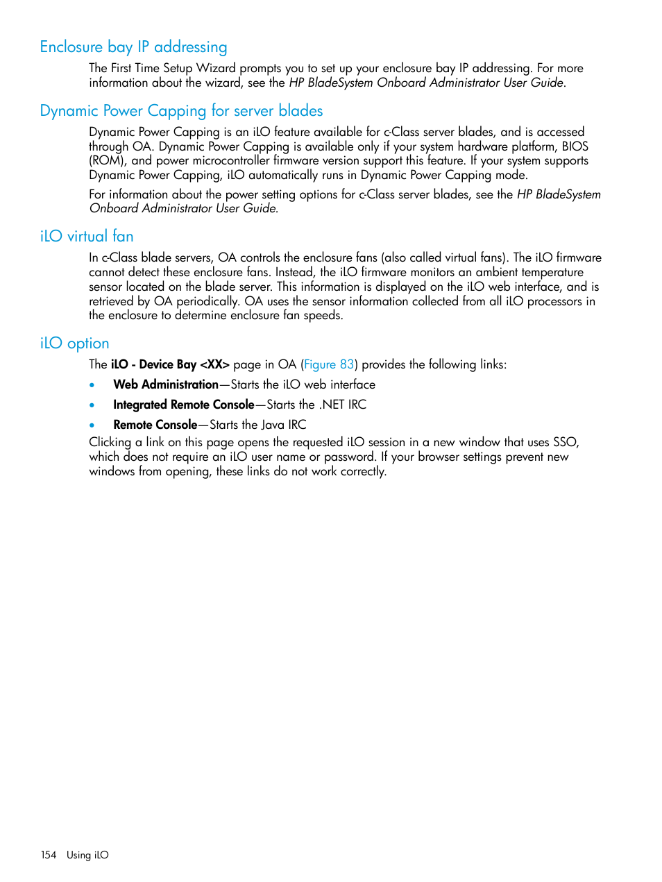 Enclosure bay ip addressing, Dynamic power capping for server blades, Ilo virtual fan | Ilo option | HP Integrated Lights-Out 3 User Manual | Page 154 / 256
