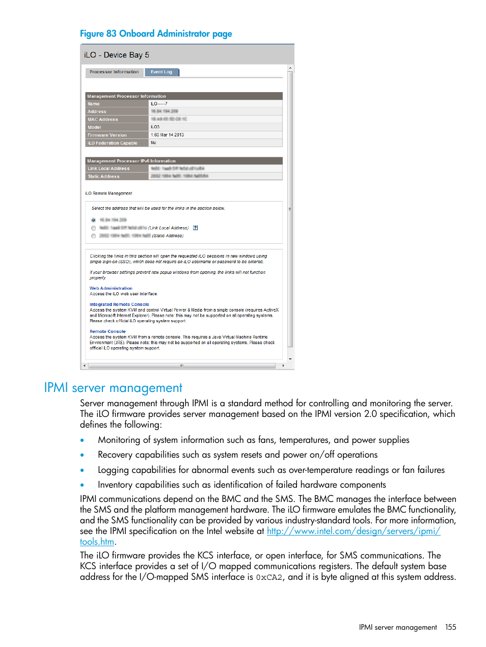 Ipmi server management | HP Integrated Lights-Out 3 User Manual | Page 155 / 256