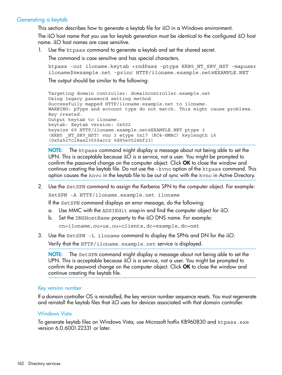 Generating a keytab, Key version number, Windows vista | Key version number windows vista | HP Integrated Lights-Out 3 User Manual | Page 162 / 256
