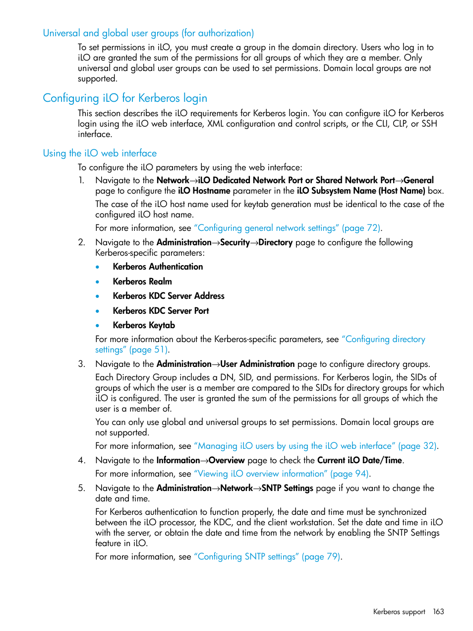 Configuring ilo for kerberos login, Using the ilo web interface | HP Integrated Lights-Out 3 User Manual | Page 163 / 256