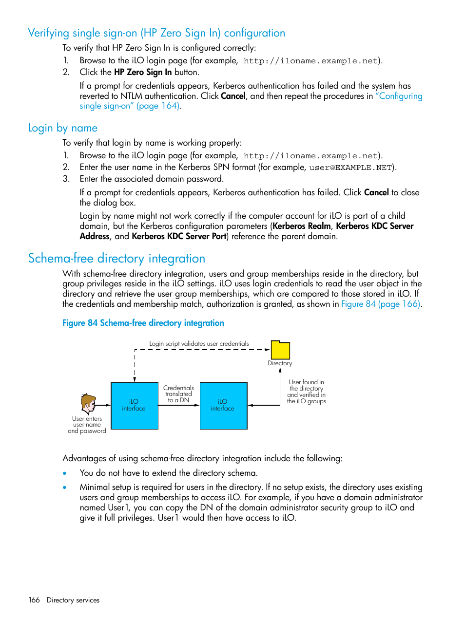 Login by name, Schema-free directory integration, Schema-free directory | HP Integrated Lights-Out 3 User Manual | Page 166 / 256