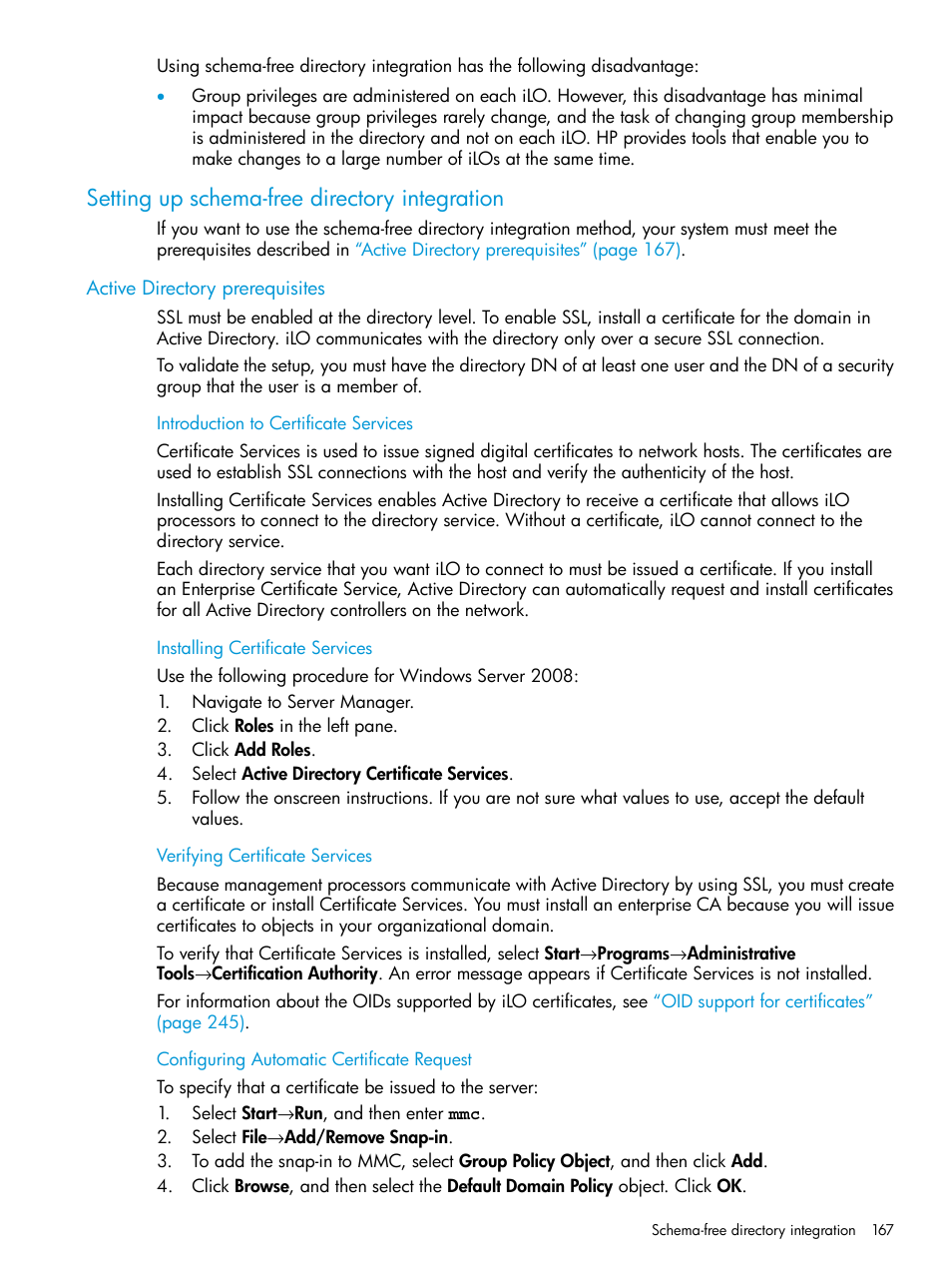 Setting up schema-free directory integration, Active directory prerequisites, Introduction to certificate services | Installing certificate services, Verifying certificate services, Configuring automatic certificate request | HP Integrated Lights-Out 3 User Manual | Page 167 / 256