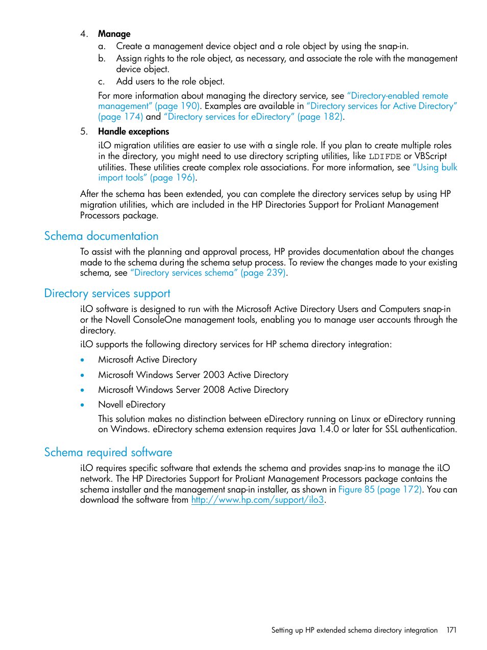 Schema documentation, Directory services support, Schema required software | HP Integrated Lights-Out 3 User Manual | Page 171 / 256