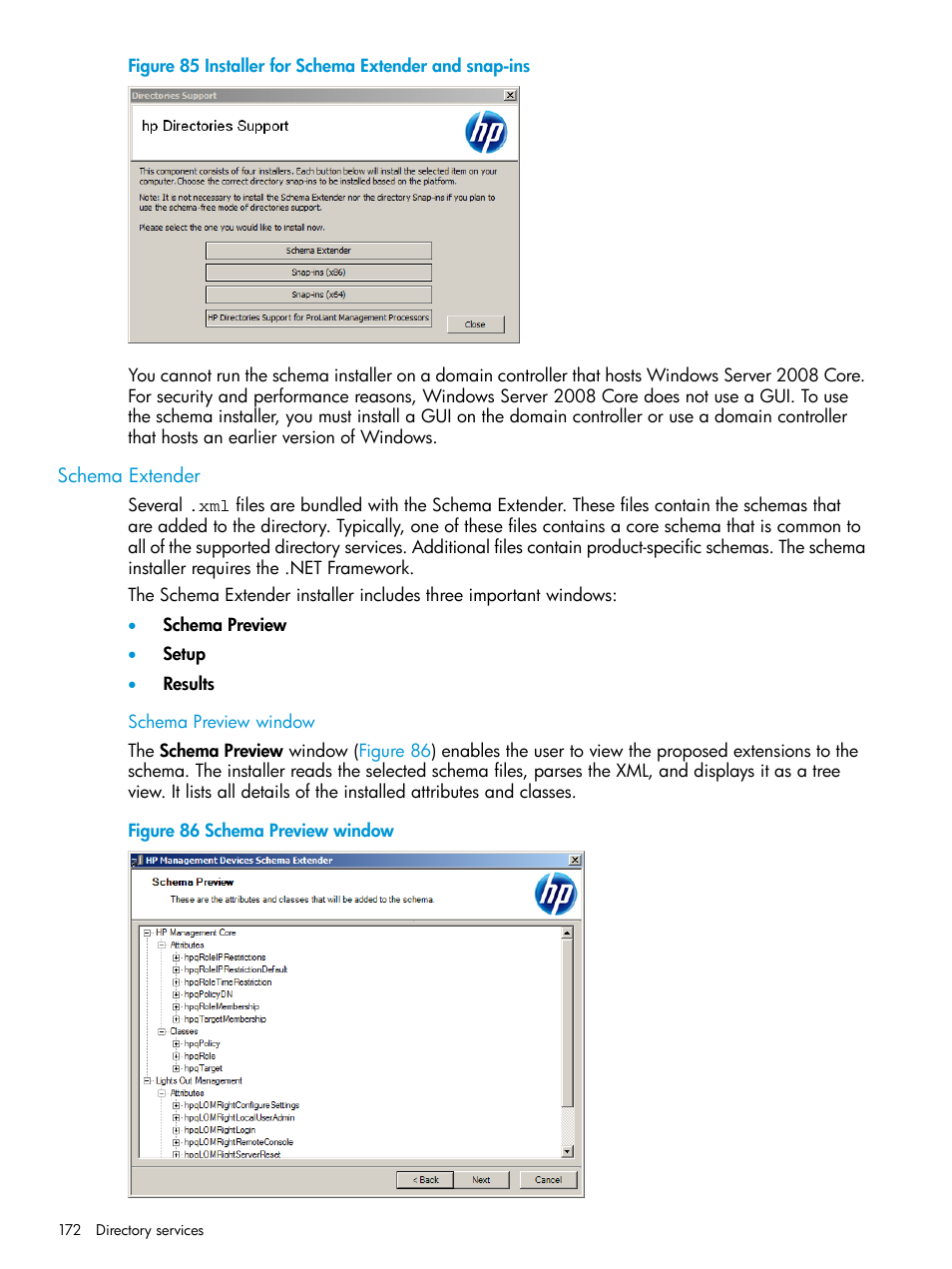Schema extender, Schema preview window | HP Integrated Lights-Out 3 User Manual | Page 172 / 256