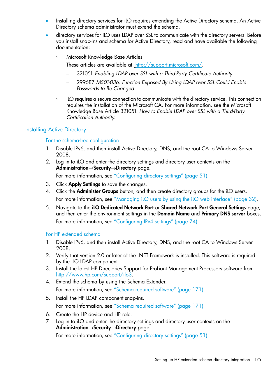 Installing active directory, For the schema-free configuration, For hp extended schema | HP Integrated Lights-Out 3 User Manual | Page 175 / 256
