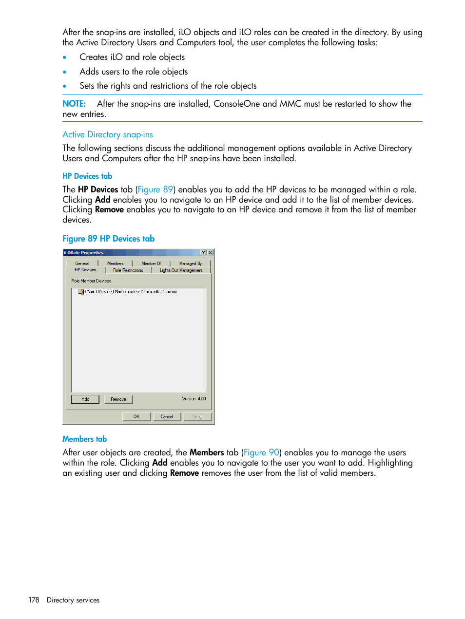 Active directory snap-ins, Hp devices tab, Members tab | HP Integrated Lights-Out 3 User Manual | Page 178 / 256