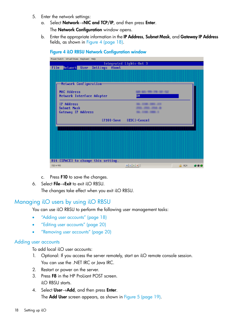 Managing ilo users by using ilo rbsu, Adding user accounts | HP Integrated Lights-Out 3 User Manual | Page 18 / 256