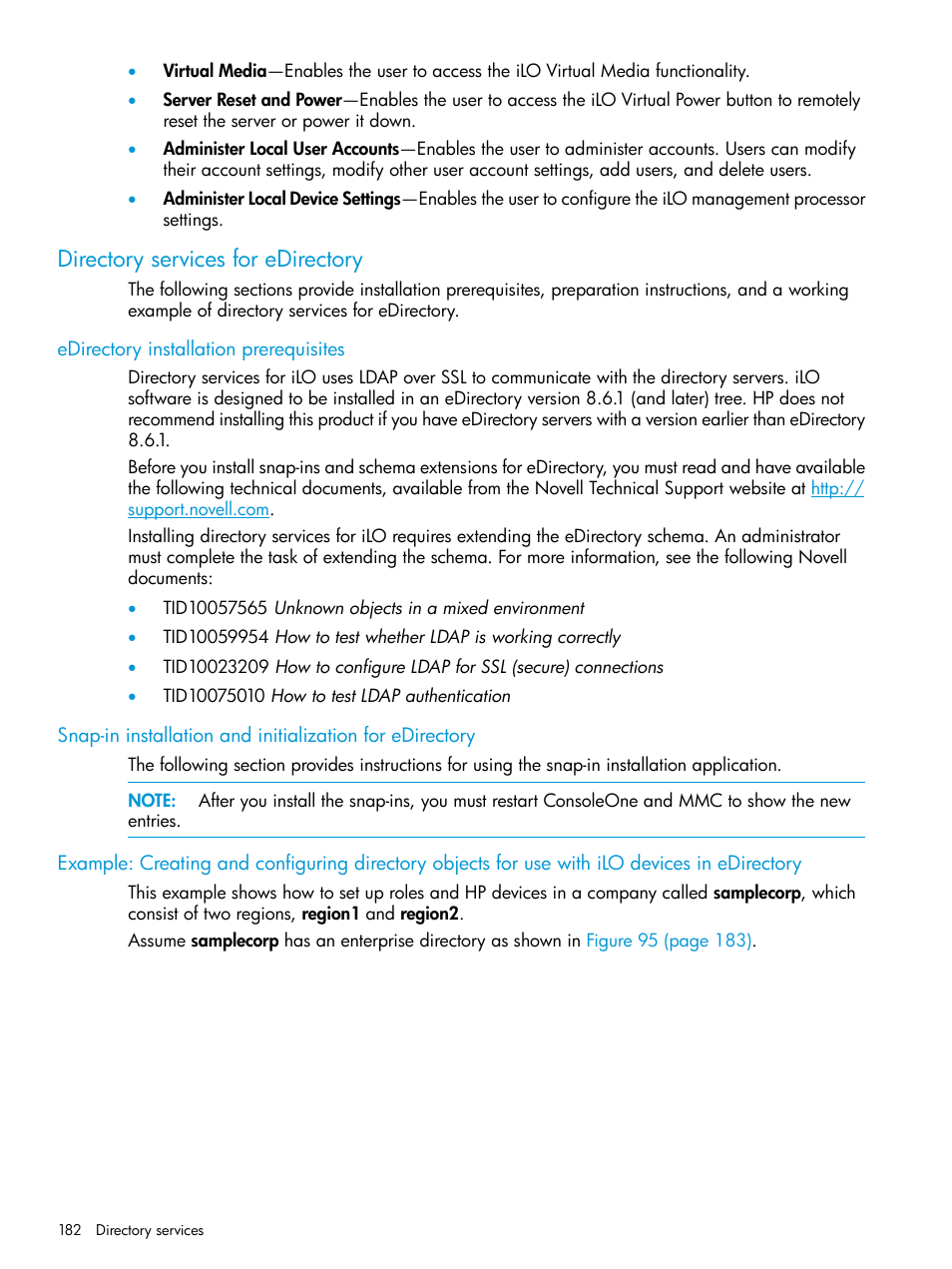 Directory services for edirectory, Edirectory installation prerequisites | HP Integrated Lights-Out 3 User Manual | Page 182 / 256