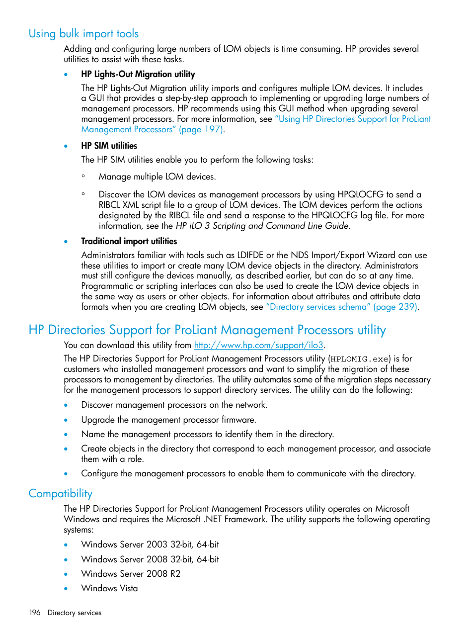 Using bulk import tools, Compatibility, Using bulk | HP Integrated Lights-Out 3 User Manual | Page 196 / 256