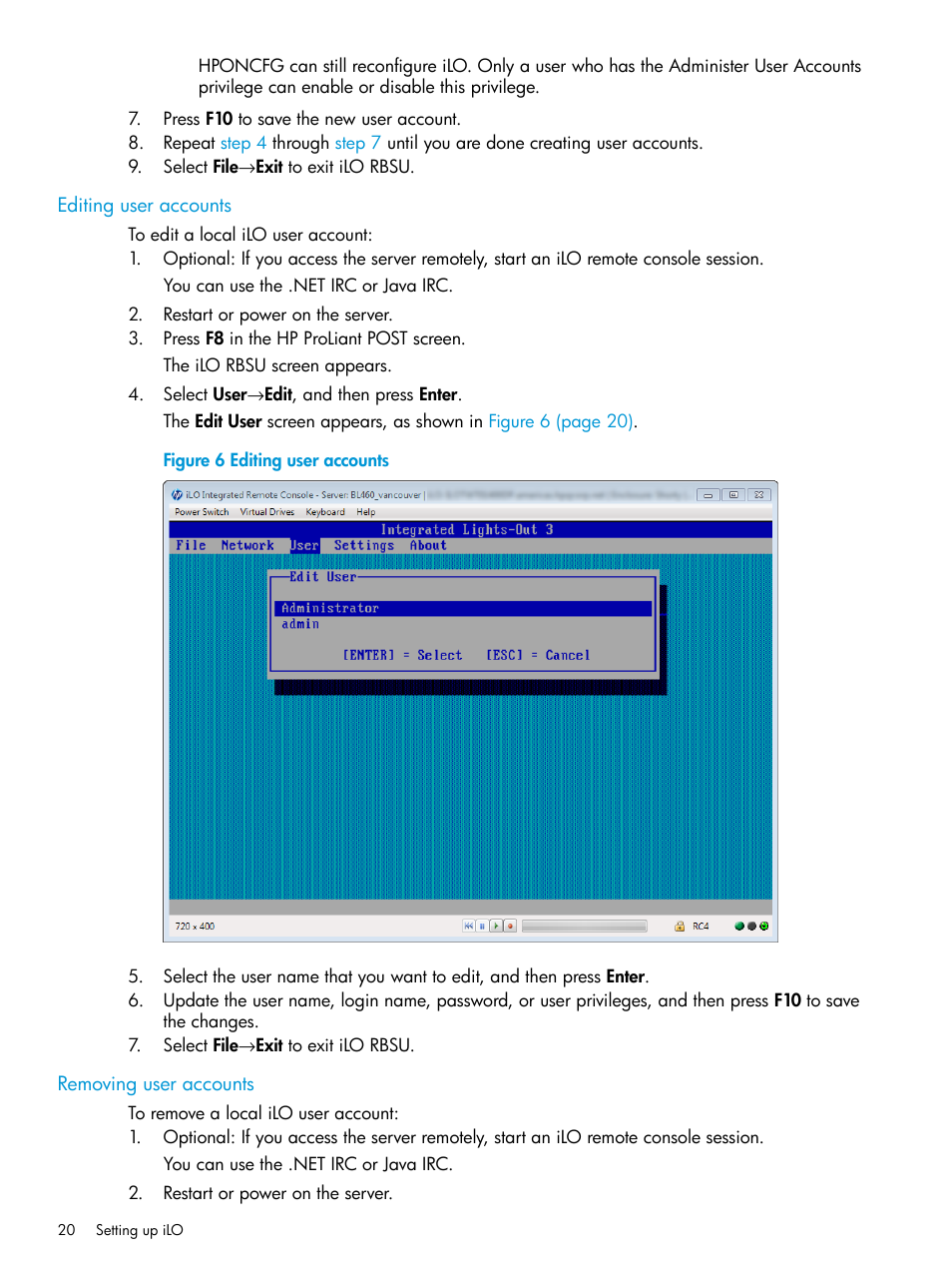 Editing user accounts, Removing user accounts, Editing user accounts removing user accounts | HP Integrated Lights-Out 3 User Manual | Page 20 / 256