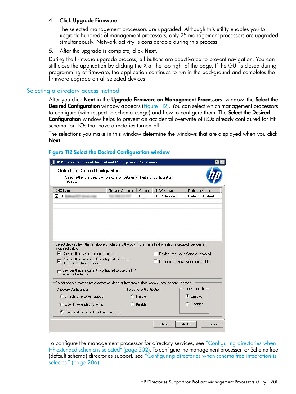 Selecting a directory access method | HP Integrated Lights-Out 3 User Manual | Page 201 / 256