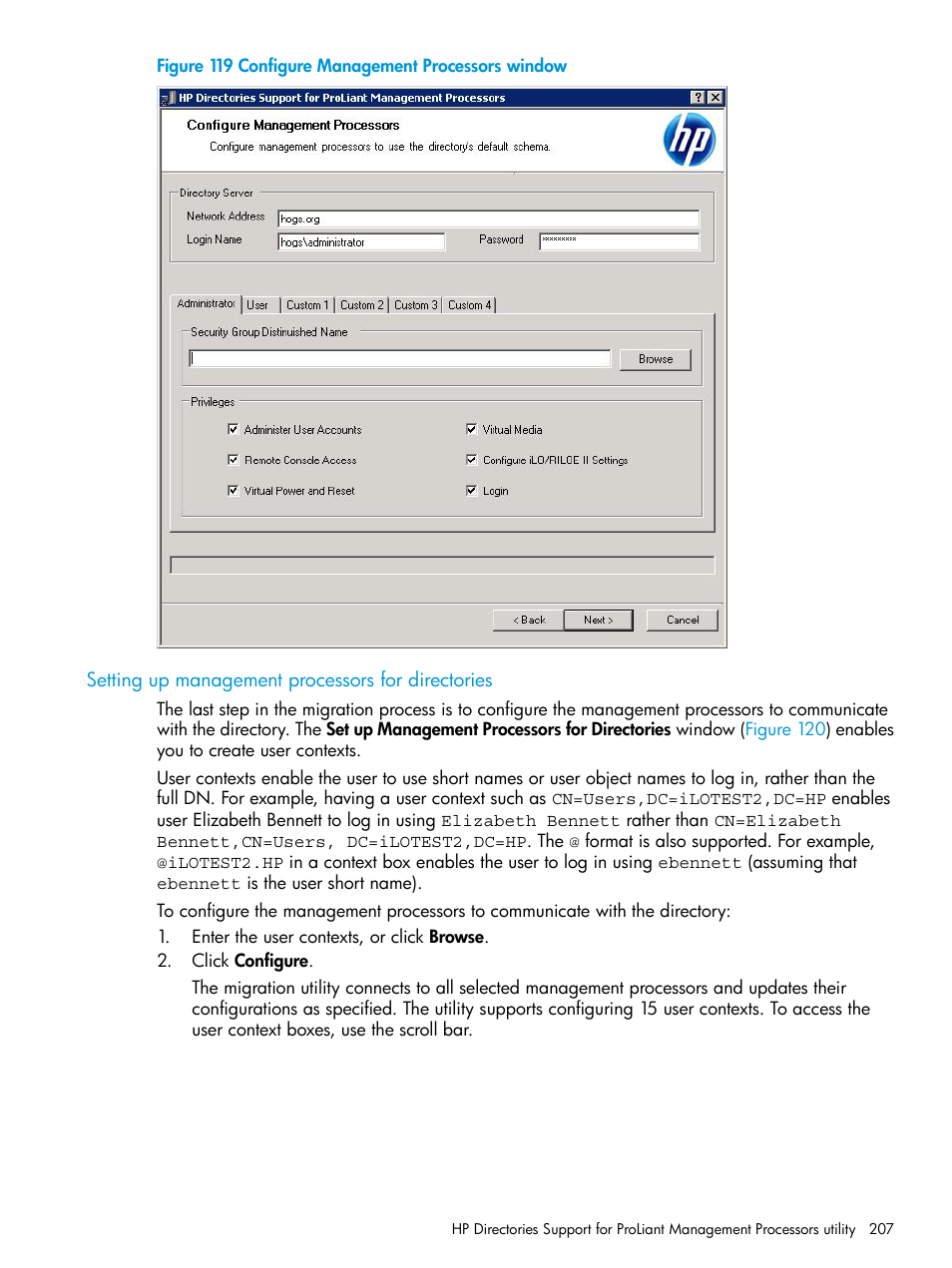 Setting up management processors for directories | HP Integrated Lights-Out 3 User Manual | Page 207 / 256