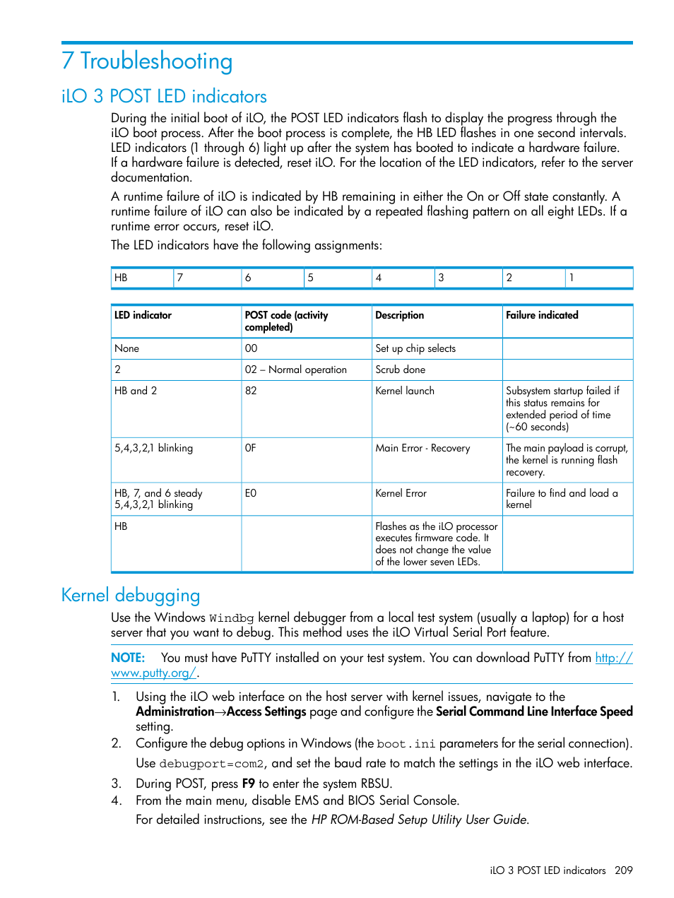 7 troubleshooting, Ilo 3 post led indicators, Kernel debugging | Ilo 3 post led indicators kernel debugging | HP Integrated Lights-Out 3 User Manual | Page 209 / 256
