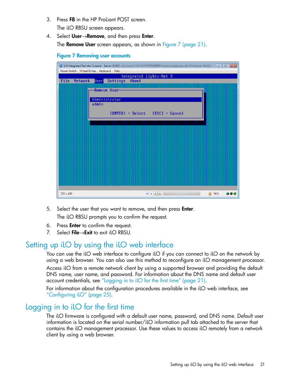 Setting up ilo by using the ilo web interface, Logging in to ilo for the first time | HP Integrated Lights-Out 3 User Manual | Page 21 / 256