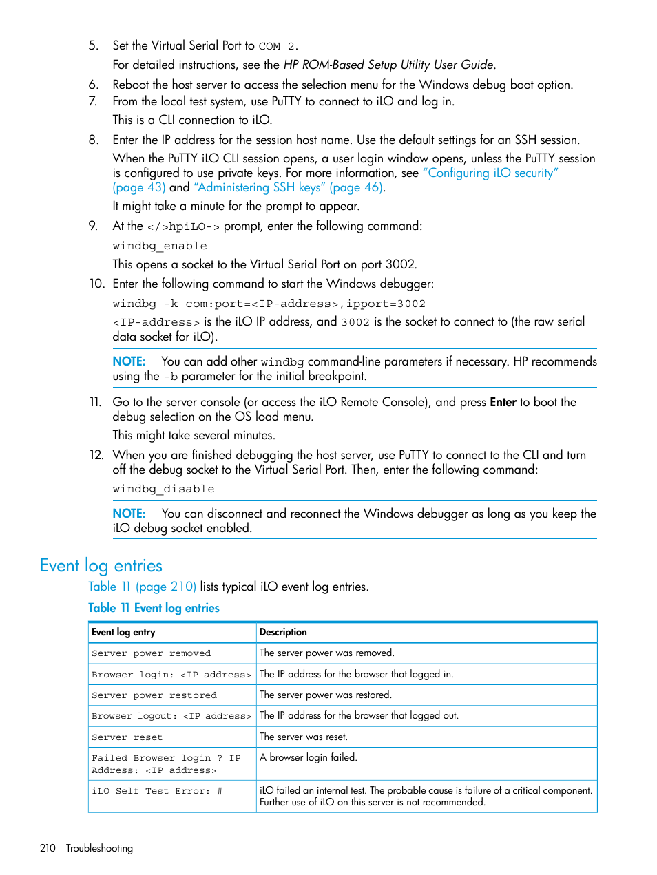 Event log entries | HP Integrated Lights-Out 3 User Manual | Page 210 / 256