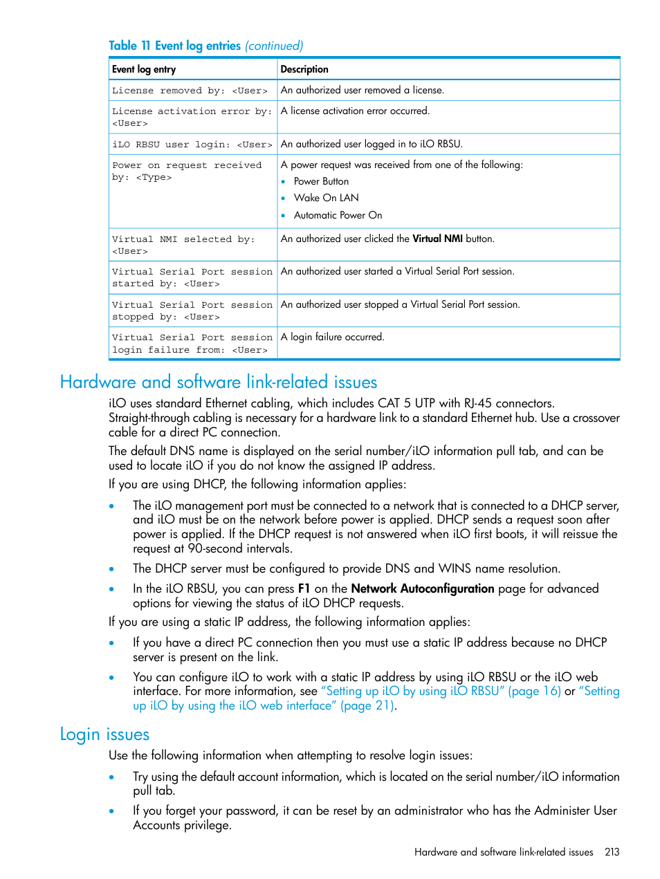 Hardware and software link-related issues, Login issues | HP Integrated Lights-Out 3 User Manual | Page 213 / 256
