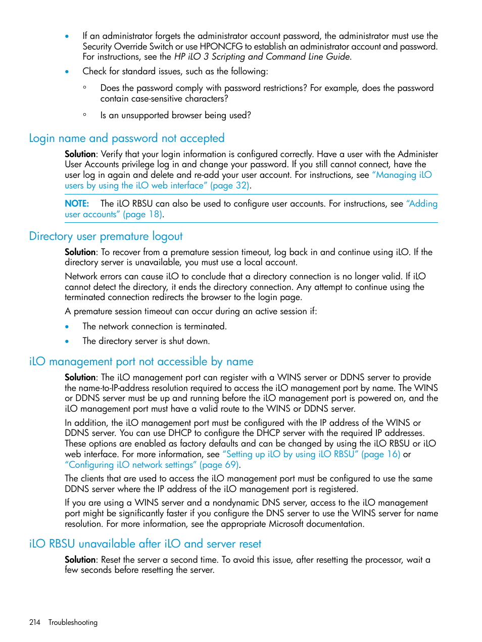Login name and password not accepted, Directory user premature logout, Ilo management port not accessible by name | Ilo rbsu unavailable after ilo and server reset | HP Integrated Lights-Out 3 User Manual | Page 214 / 256