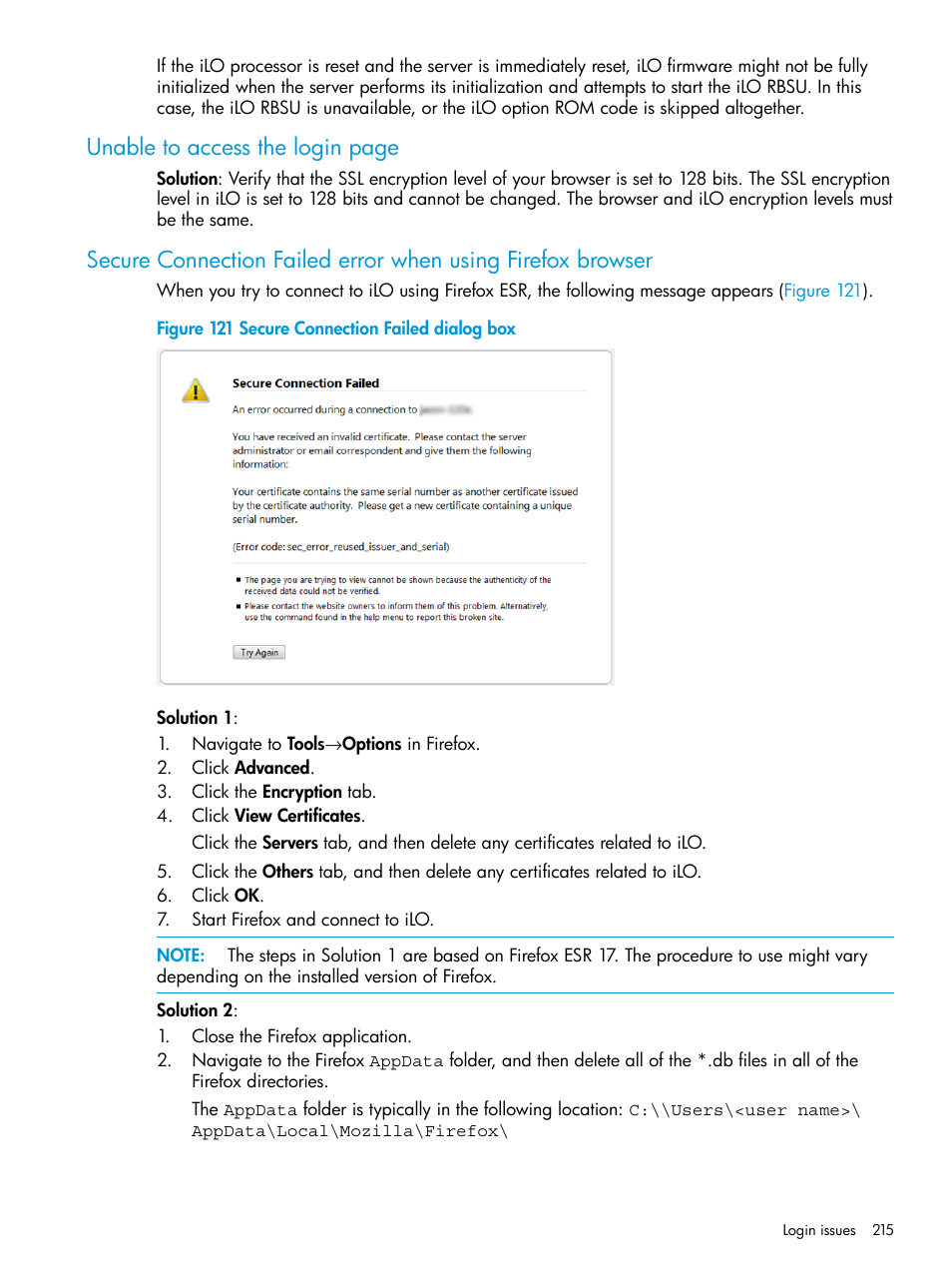 Unable to access the login page | HP Integrated Lights-Out 3 User Manual | Page 215 / 256