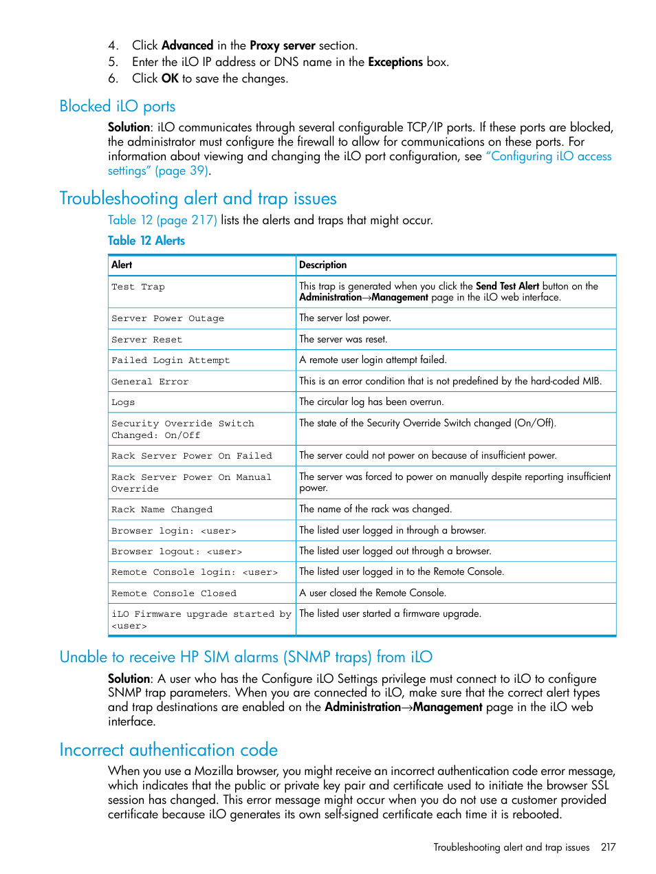 Blocked ilo ports, Troubleshooting alert and trap issues, Incorrect authentication code | HP Integrated Lights-Out 3 User Manual | Page 217 / 256