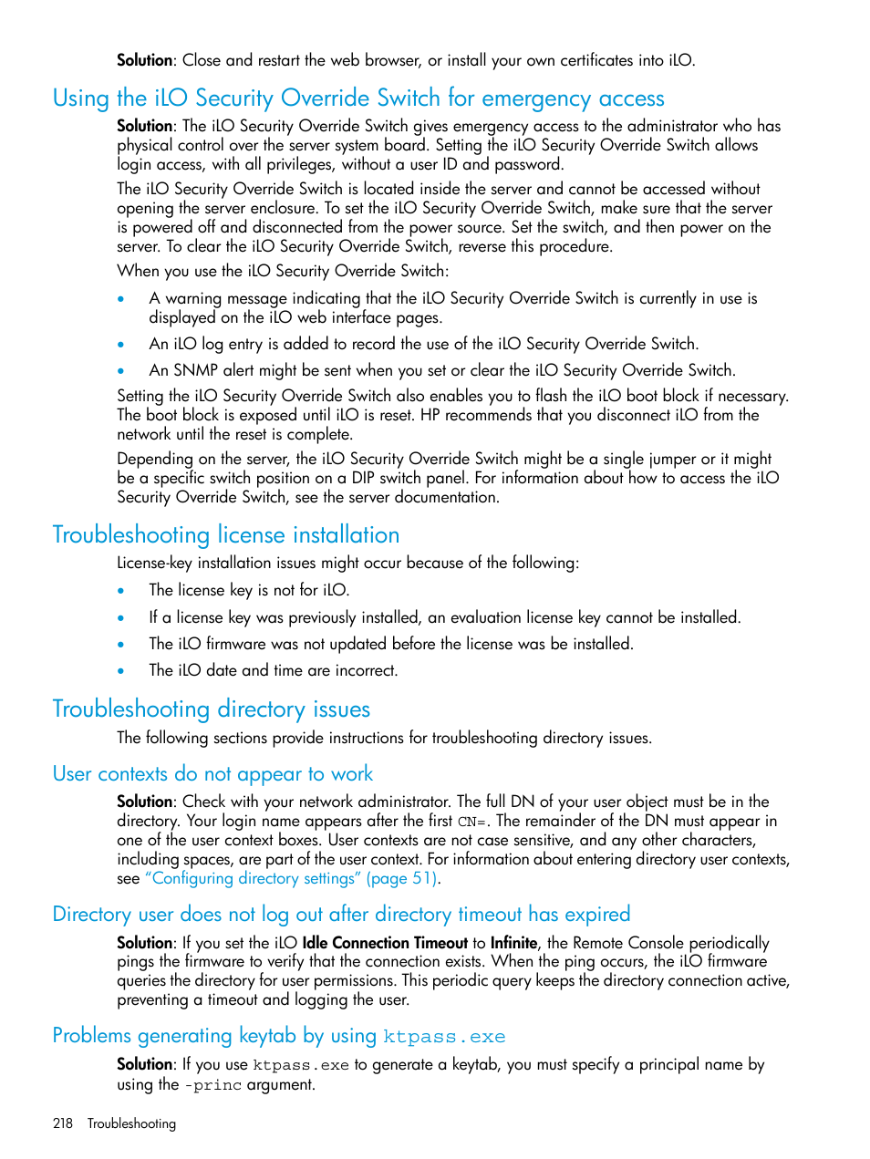 Troubleshooting license installation, Troubleshooting directory issues, User contexts do not appear to work | Problems generating keytab by using ktpass.exe | HP Integrated Lights-Out 3 User Manual | Page 218 / 256