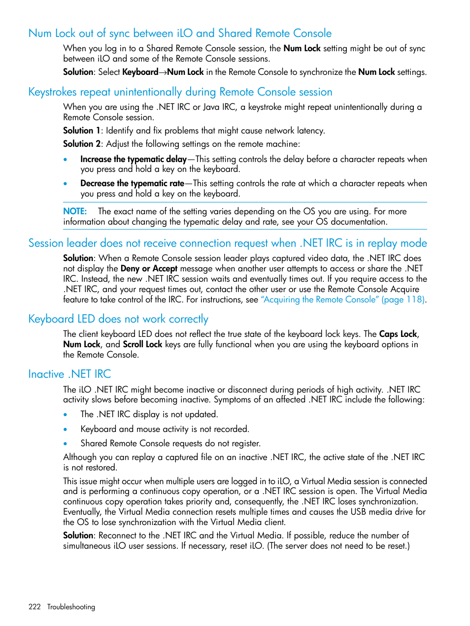 Keyboard led does not work correctly, Inactive .net irc | HP Integrated Lights-Out 3 User Manual | Page 222 / 256