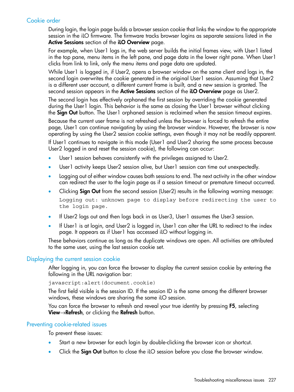 Cookie order, Displaying the current session cookie, Preventing cookie-related issues | HP Integrated Lights-Out 3 User Manual | Page 227 / 256