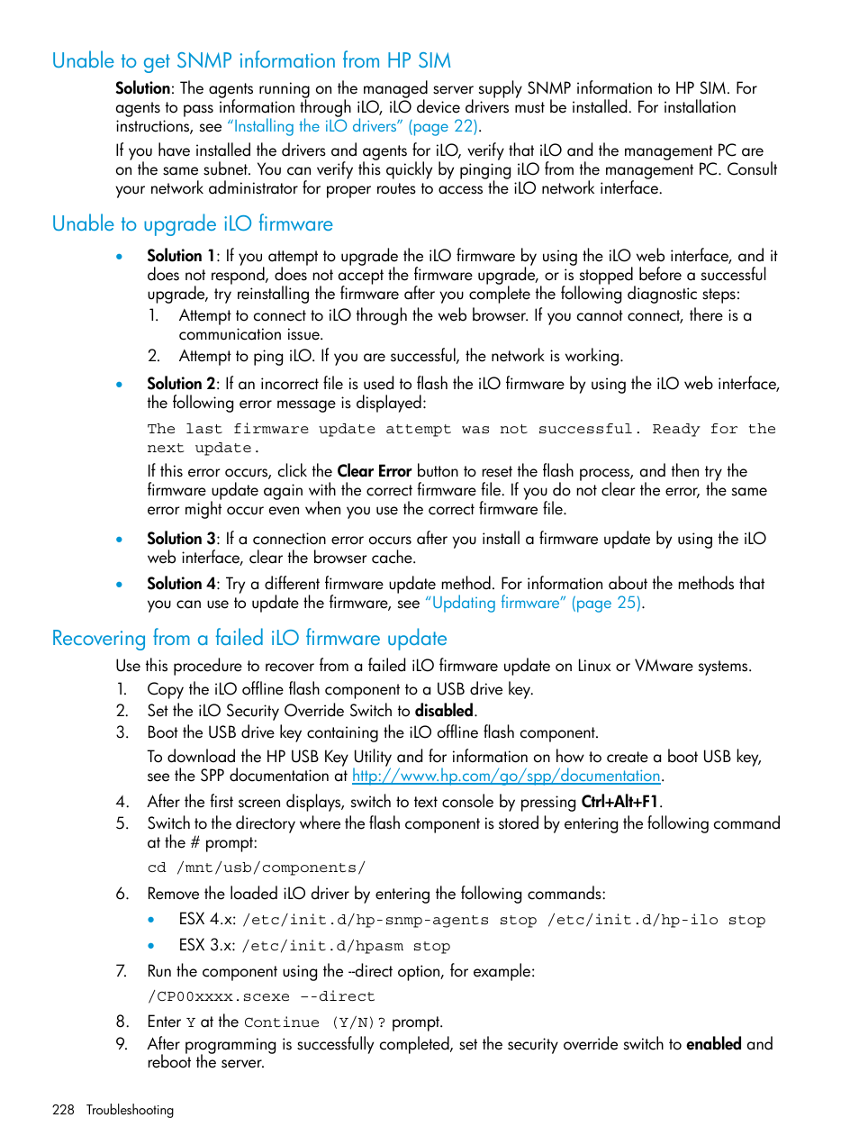Unable to get snmp information from hp sim, Unable to upgrade ilo firmware, Recovering from a failed ilo firmware update | HP Integrated Lights-Out 3 User Manual | Page 228 / 256