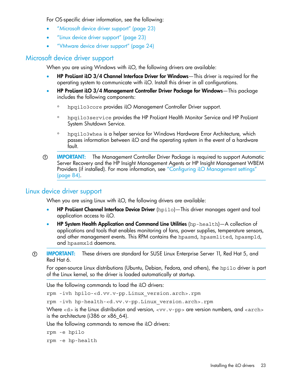 Microsoft device driver support, Linux device driver support | HP Integrated Lights-Out 3 User Manual | Page 23 / 256
