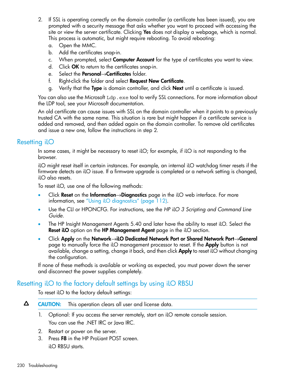 Resetting ilo | HP Integrated Lights-Out 3 User Manual | Page 230 / 256