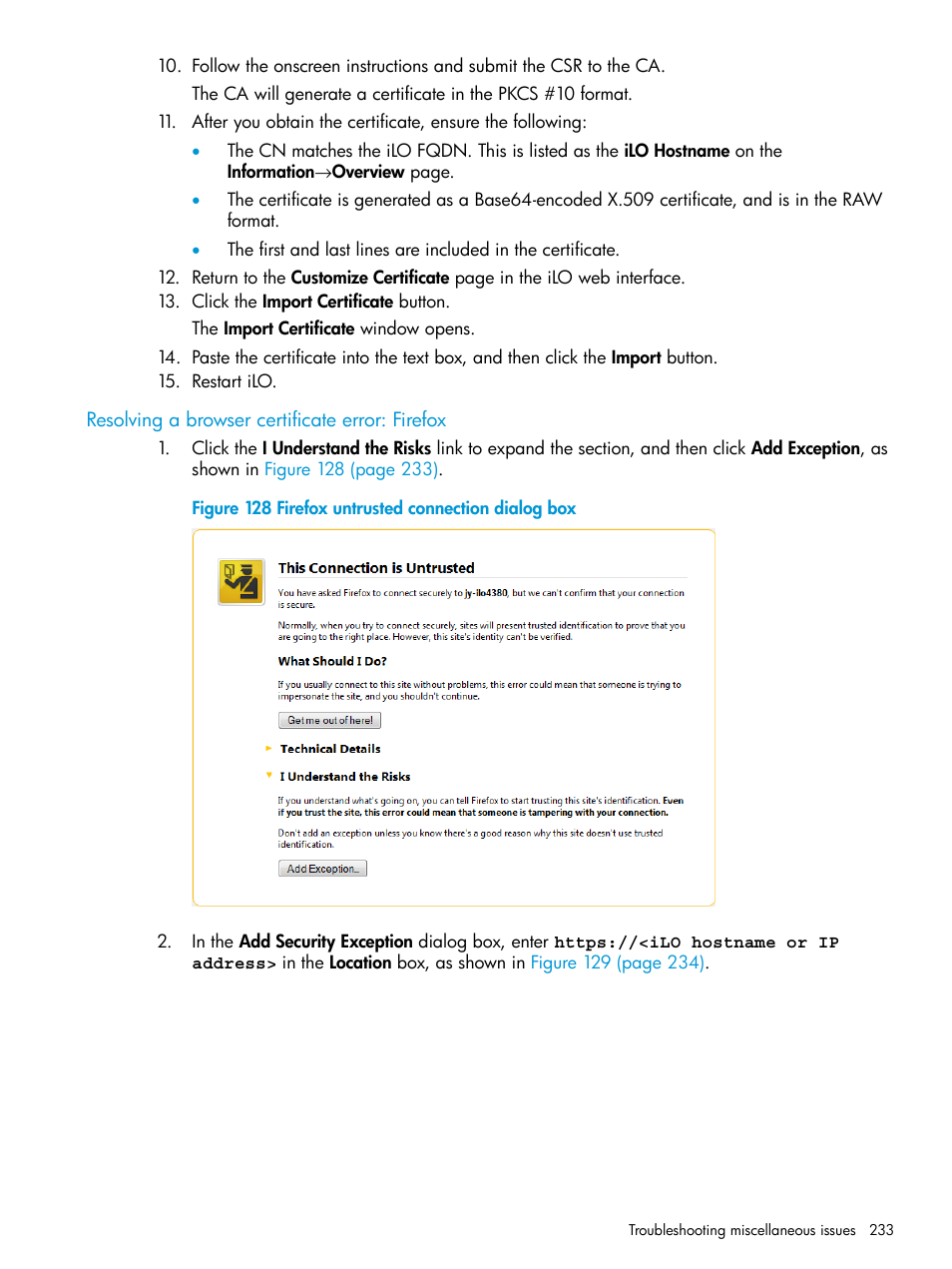 Resolving a browser certificate error: firefox | HP Integrated Lights-Out 3 User Manual | Page 233 / 256