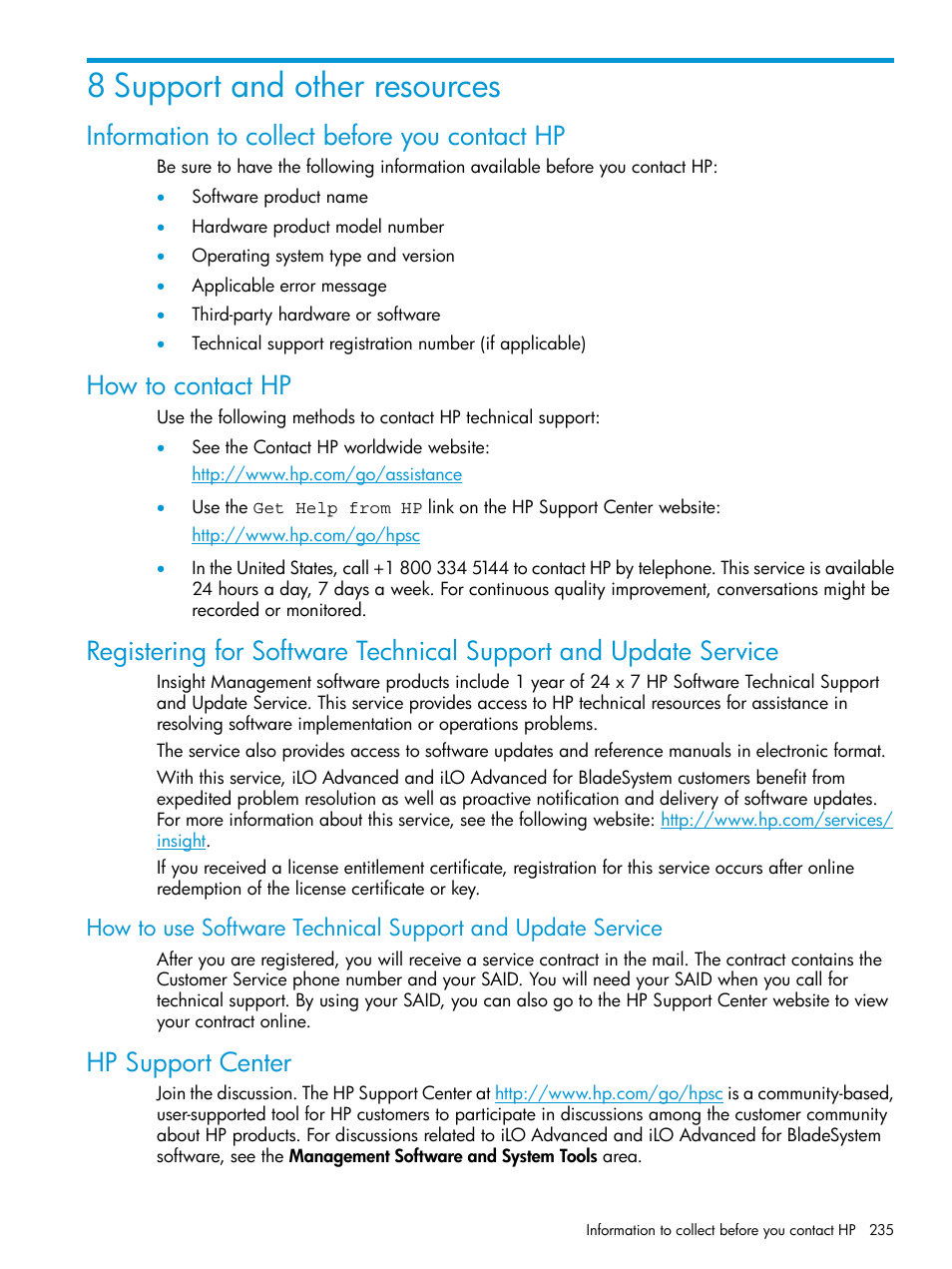 8 support and other resources, Information to collect before you contact hp, How to contact hp | Hp support center, Support and other resources | HP Integrated Lights-Out 3 User Manual | Page 235 / 256