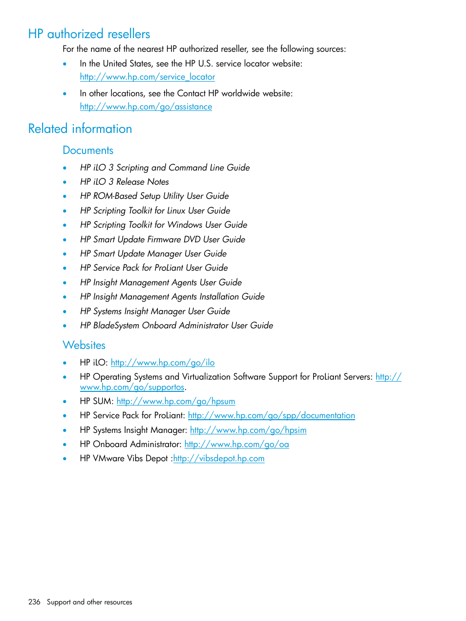 Hp authorized resellers, Related information, Hp authorized resellers related information | Documents, Websites | HP Integrated Lights-Out 3 User Manual | Page 236 / 256