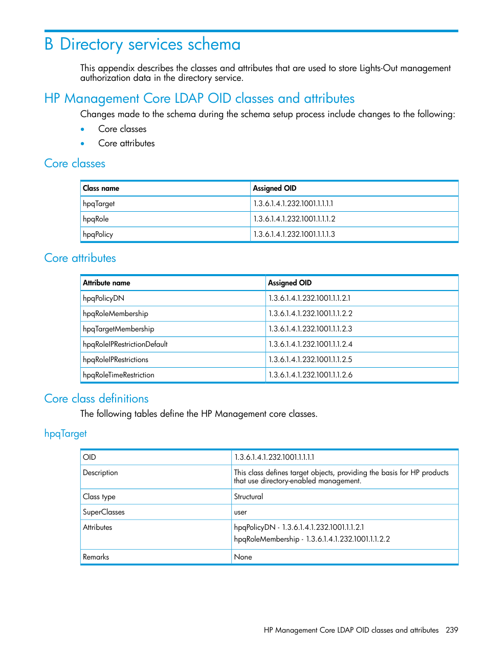 B directory services schema, Hp management core ldap oid classes and attributes, Core classes | Core attributes, Core class definitions, Hpqtarget, Core attributes core class definitions, Directory services schema | HP Integrated Lights-Out 3 User Manual | Page 239 / 256