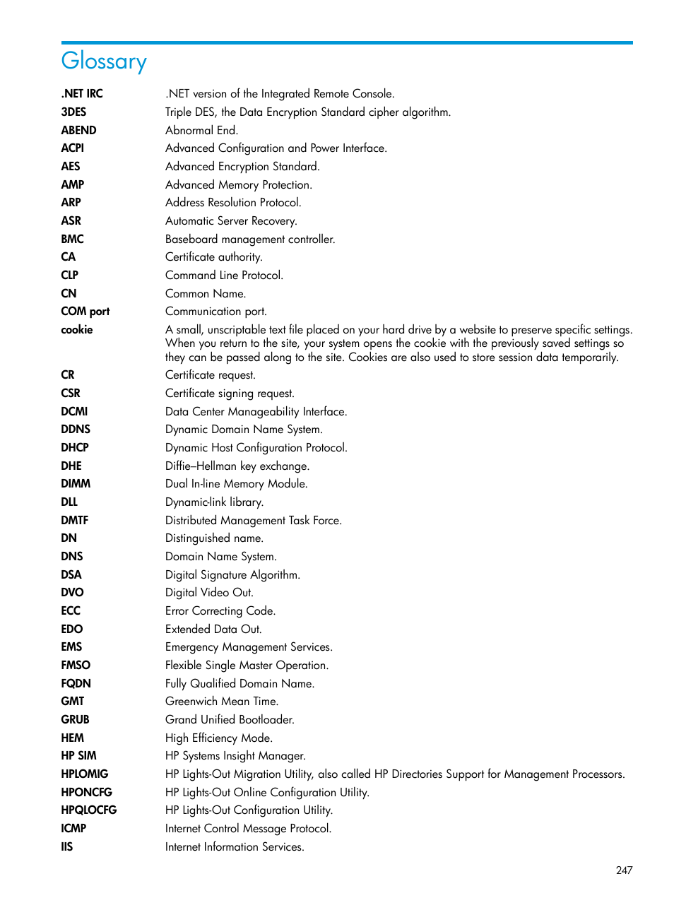 Glossary | HP Integrated Lights-Out 3 User Manual | Page 247 / 256