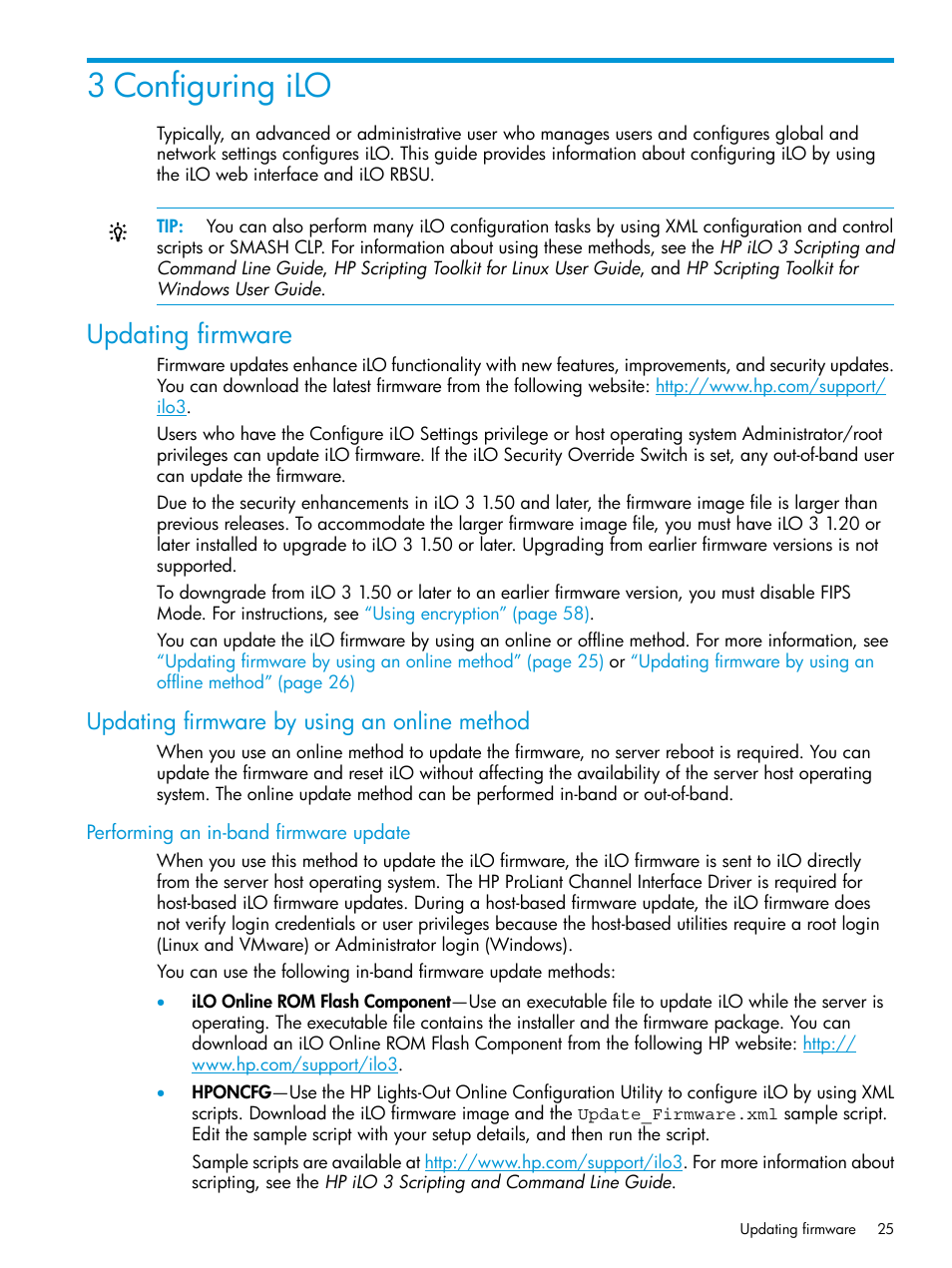 3 configuring ilo, Updating firmware, Updating firmware by using an online method | Performing an in-band firmware update | HP Integrated Lights-Out 3 User Manual | Page 25 / 256