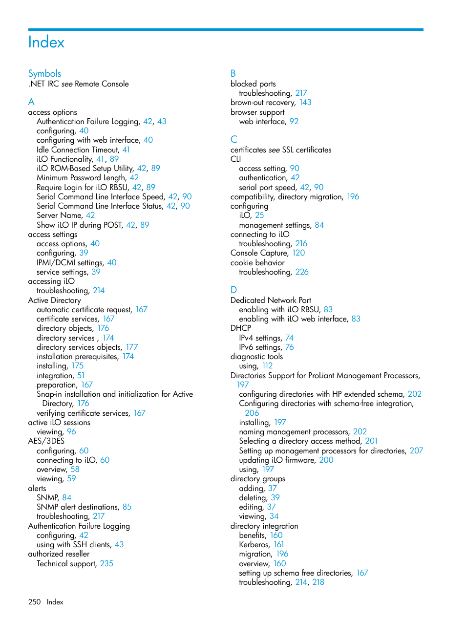 Index | HP Integrated Lights-Out 3 User Manual | Page 250 / 256