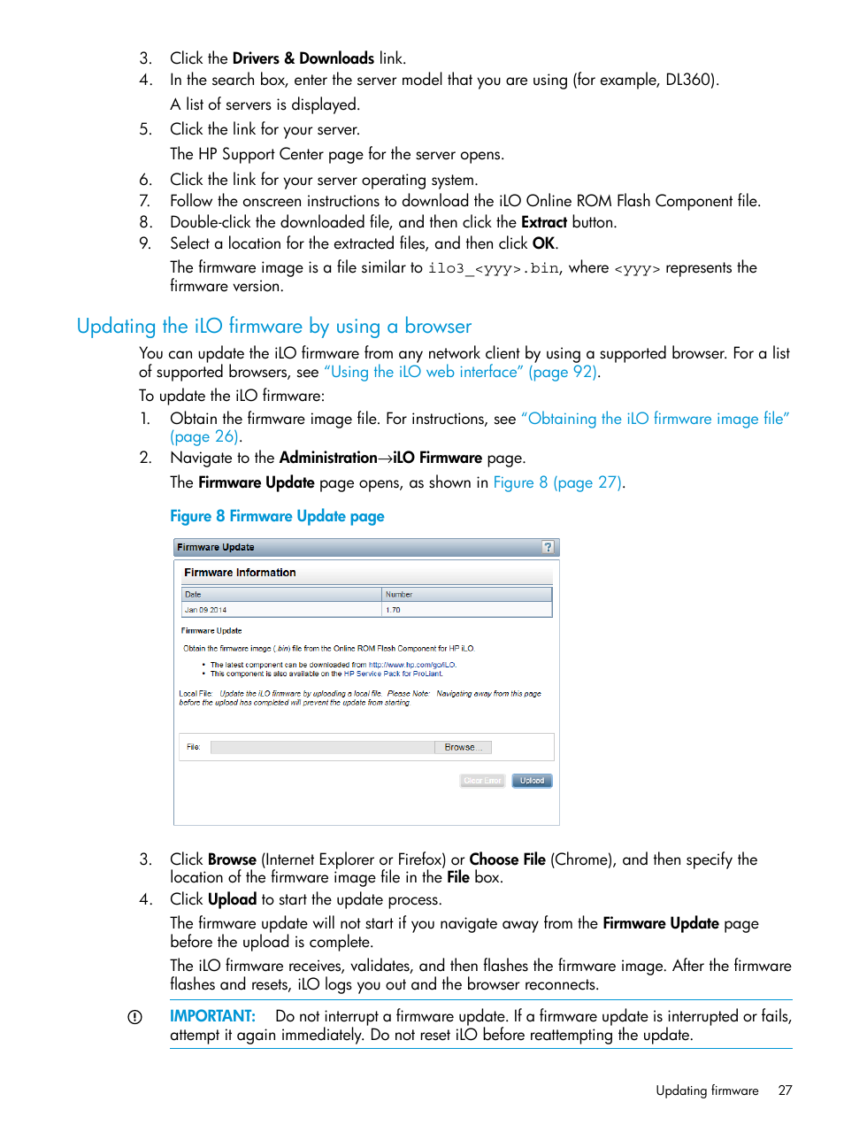 Updating the ilo firmware by using a browser | HP Integrated Lights-Out 3 User Manual | Page 27 / 256