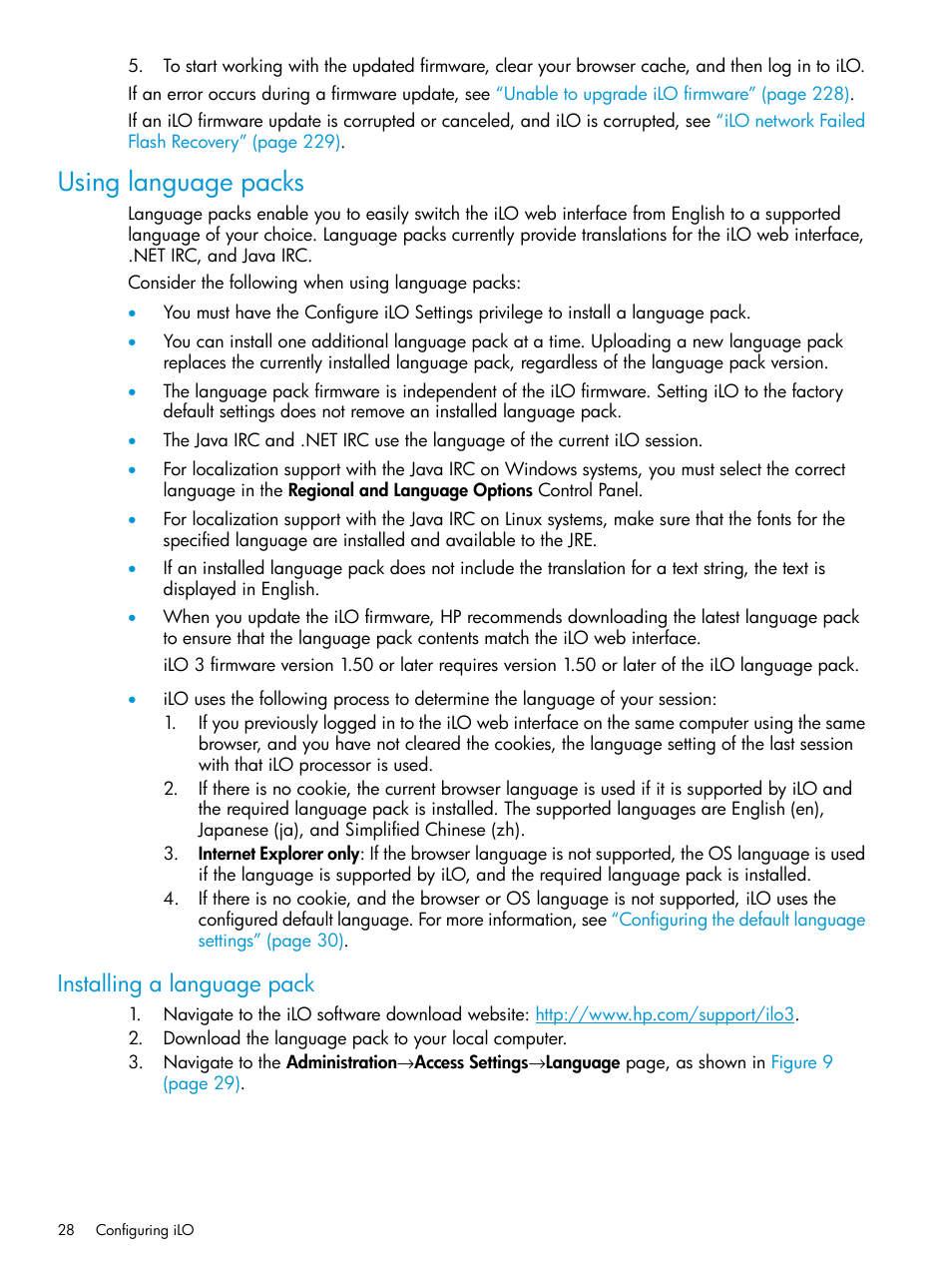 Using language packs, Installing a language pack | HP Integrated Lights-Out 3 User Manual | Page 28 / 256
