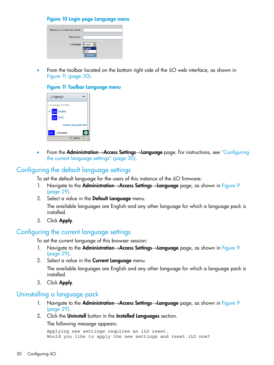 Configuring the default language settings, Configuring the current language settings, Uninstalling a language pack | Configuring the default language | HP Integrated Lights-Out 3 User Manual | Page 30 / 256