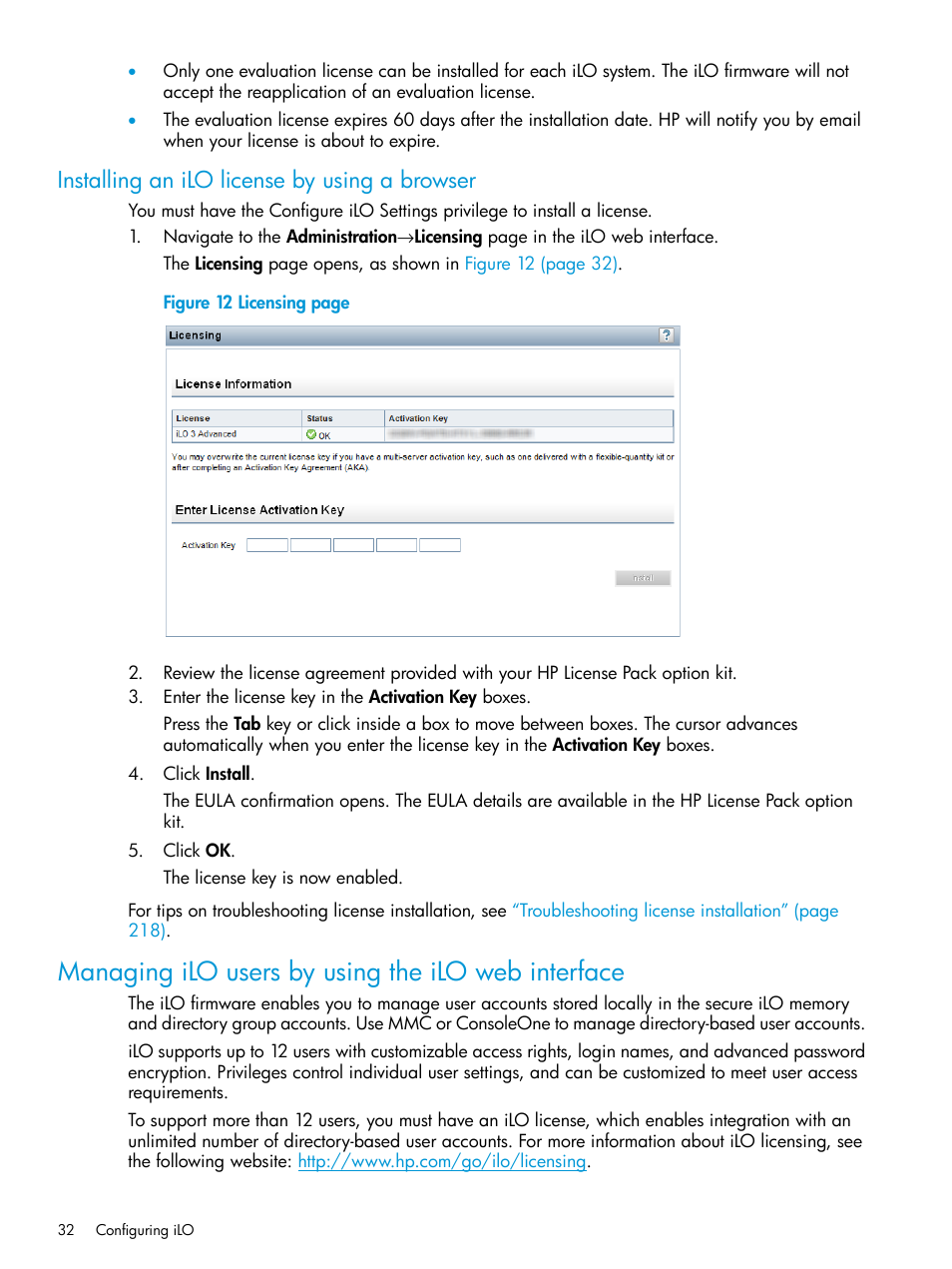 Installing an ilo license by using a browser, Managing ilo users by using the ilo web interface | HP Integrated Lights-Out 3 User Manual | Page 32 / 256
