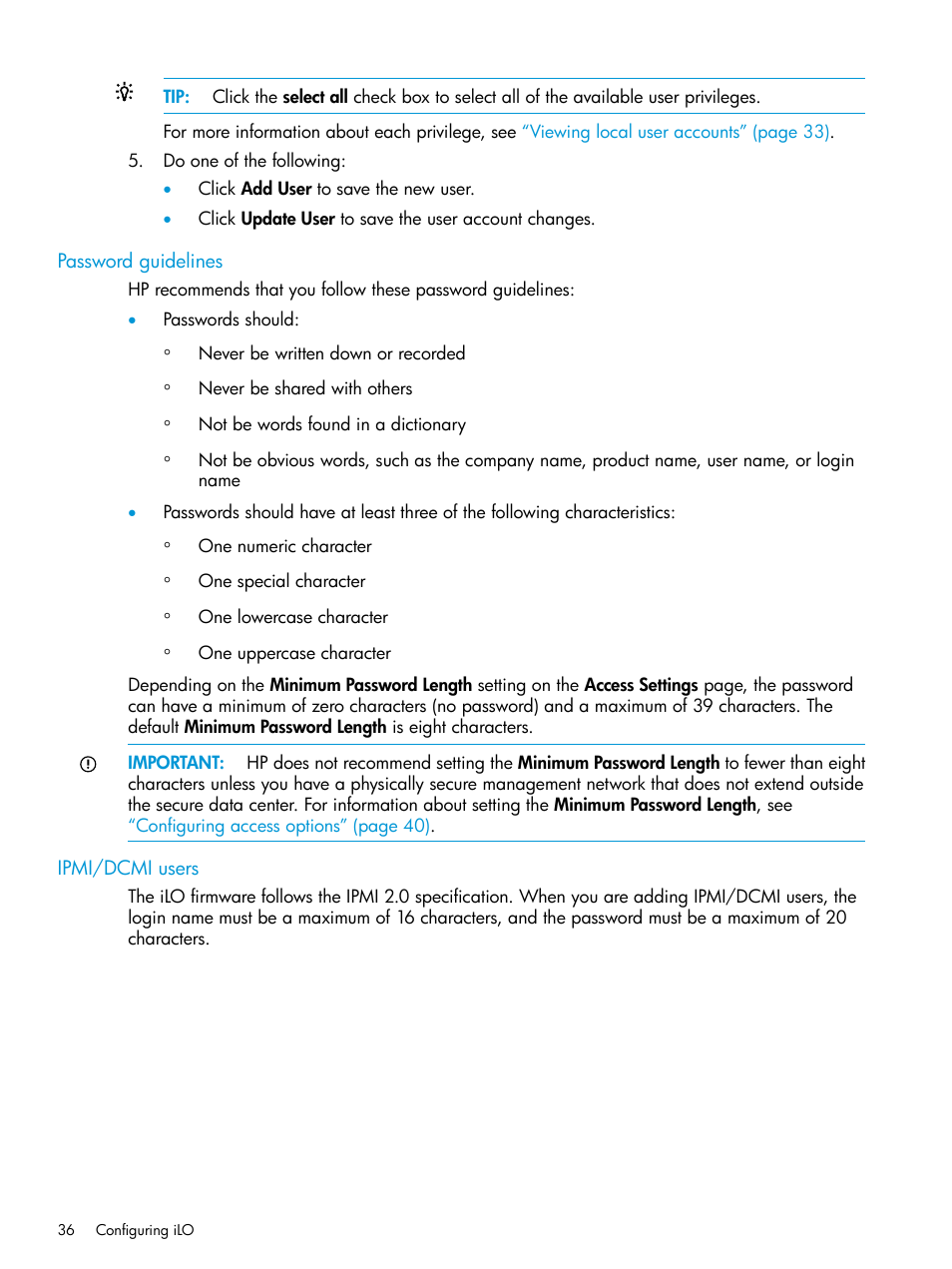 Password guidelines, Ipmi/dcmi users, Password guidelines ipmi/dcmi users | HP Integrated Lights-Out 3 User Manual | Page 36 / 256