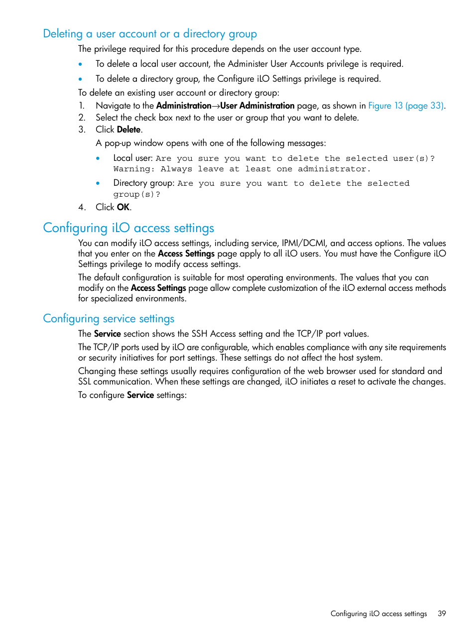 Deleting a user account or a directory group, Configuring ilo access settings, Configuring service settings | HP Integrated Lights-Out 3 User Manual | Page 39 / 256
