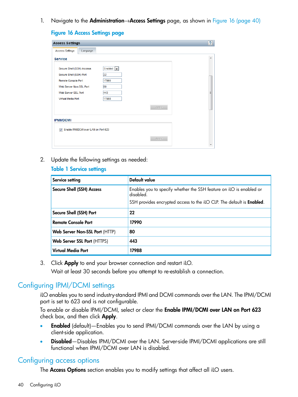Configuring ipmi/dcmi settings, Configuring access options | HP Integrated Lights-Out 3 User Manual | Page 40 / 256