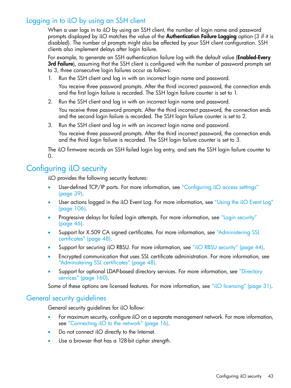 Logging in to ilo by using an ssh client, Configuring ilo security, General security guidelines | HP Integrated Lights-Out 3 User Manual | Page 43 / 256