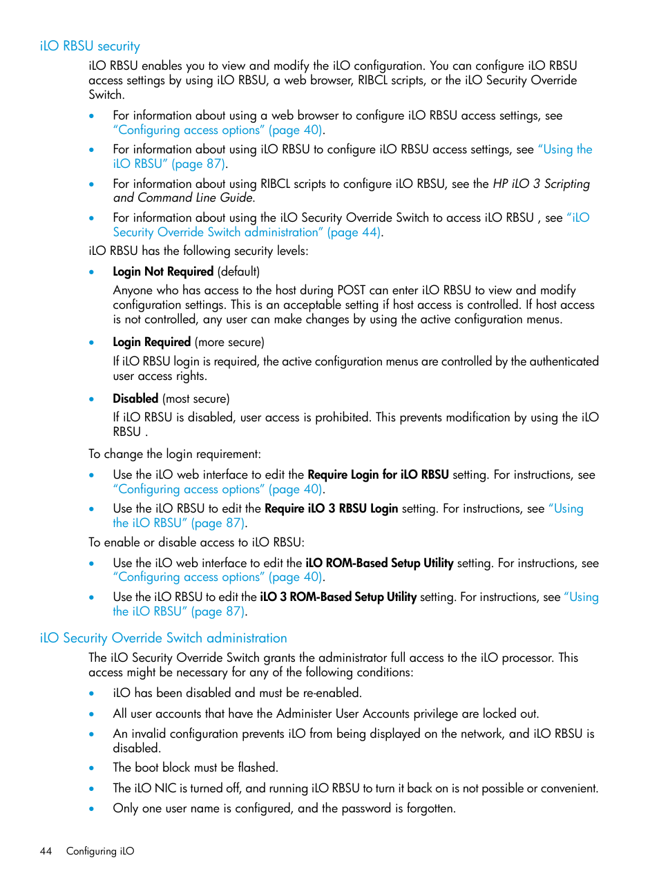 Ilo rbsu security, Ilo security override switch administration | HP Integrated Lights-Out 3 User Manual | Page 44 / 256