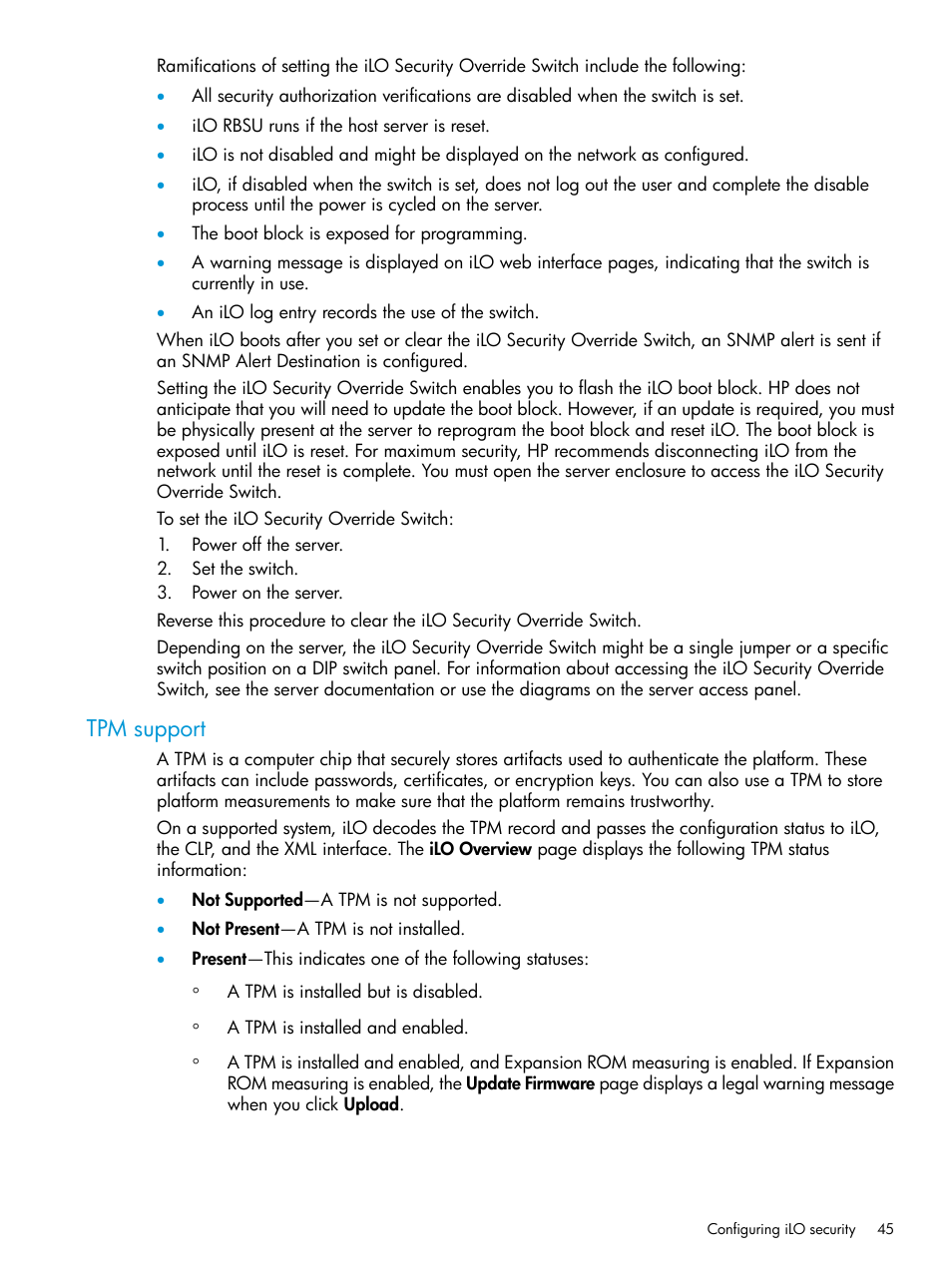 Tpm support | HP Integrated Lights-Out 3 User Manual | Page 45 / 256